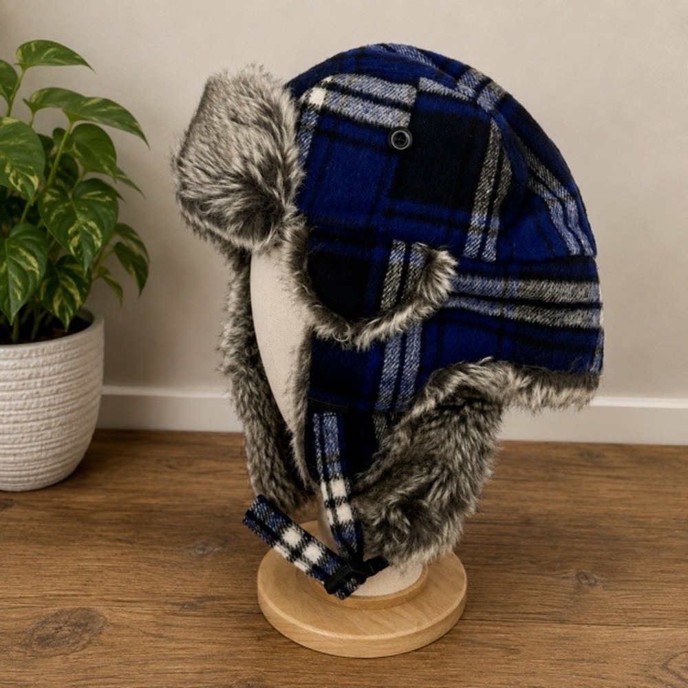 Chaos Youth O/S Trapper Hat Blue Plaid Faux Fur Lined Winter Ear Flap NWOT